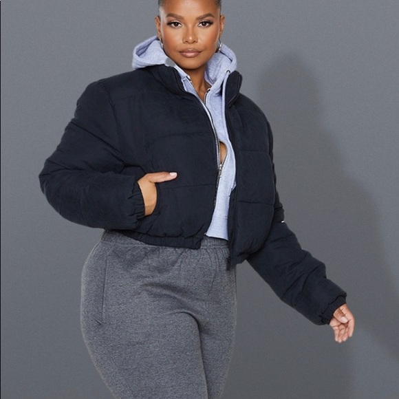 Black Peach Skin Cropped Puffer Jacket 
